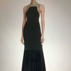 AQUA Black and gold embroidered mock neck gown